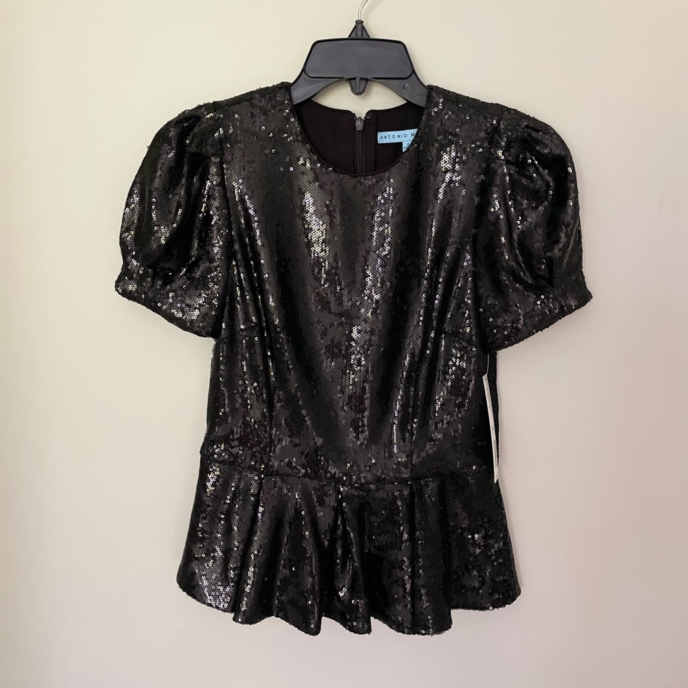 NWT women’s sequin peplum top - blk  size 2